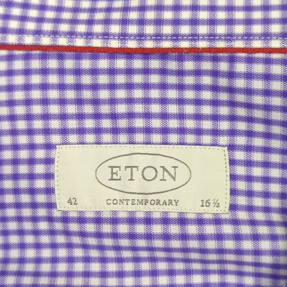 Eton Shirt Men's 16.5 42 Purple Check Contemporary Cotton Long Sleeve Button Up - Picture 4 of 11